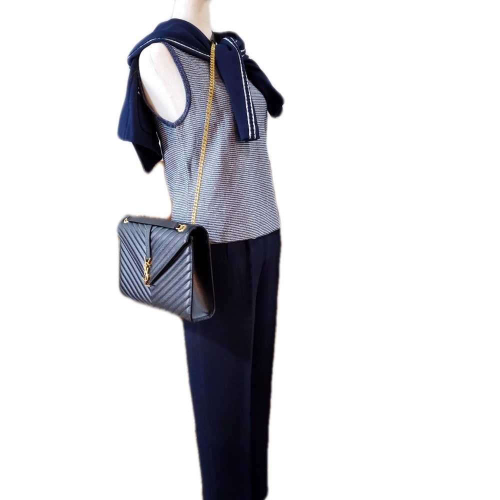 St John 3PC Set By Marie Luxury Navy Santana Knit Pants Tank Jacket Size Small